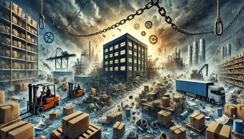 A conceptual illustration depicting the chaos after the collapse of a Just-in-Time (JIT) supply chain. The image shows a chaotic industrial environmen DALL·E 2025-02-19 Ilustrace chaosu po rozpadu JIT, s firmou, která díky adaptivní BCM a antifragilitě zůstává stabilní.