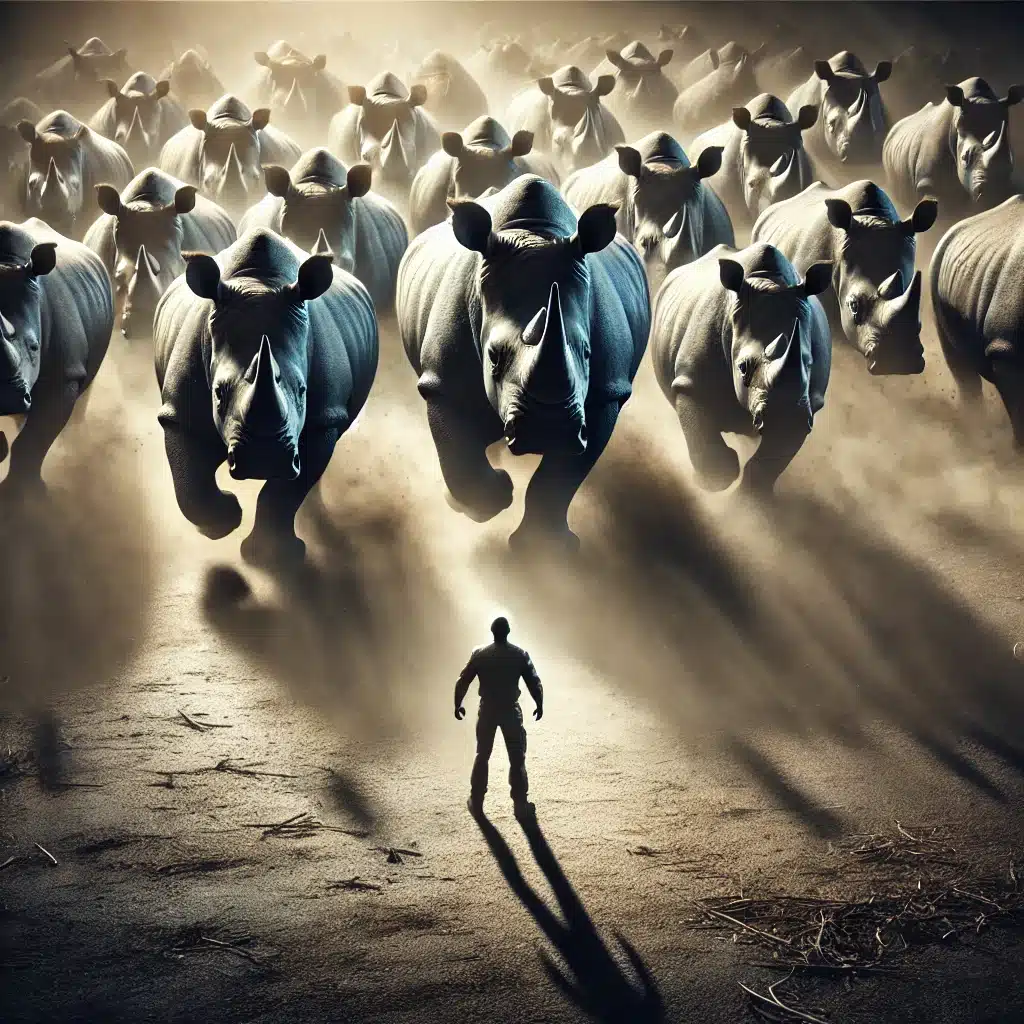 DALL·E 2025-03-09 17.50.01 - A herd of grey rhinoceroses charging forward, symbolizing looming risks and challenges. The scene has a dynamic and dramatic atmosphere, with dust and stádo šedých nosorožců symbolizující materializaci ignorovaných rizik
